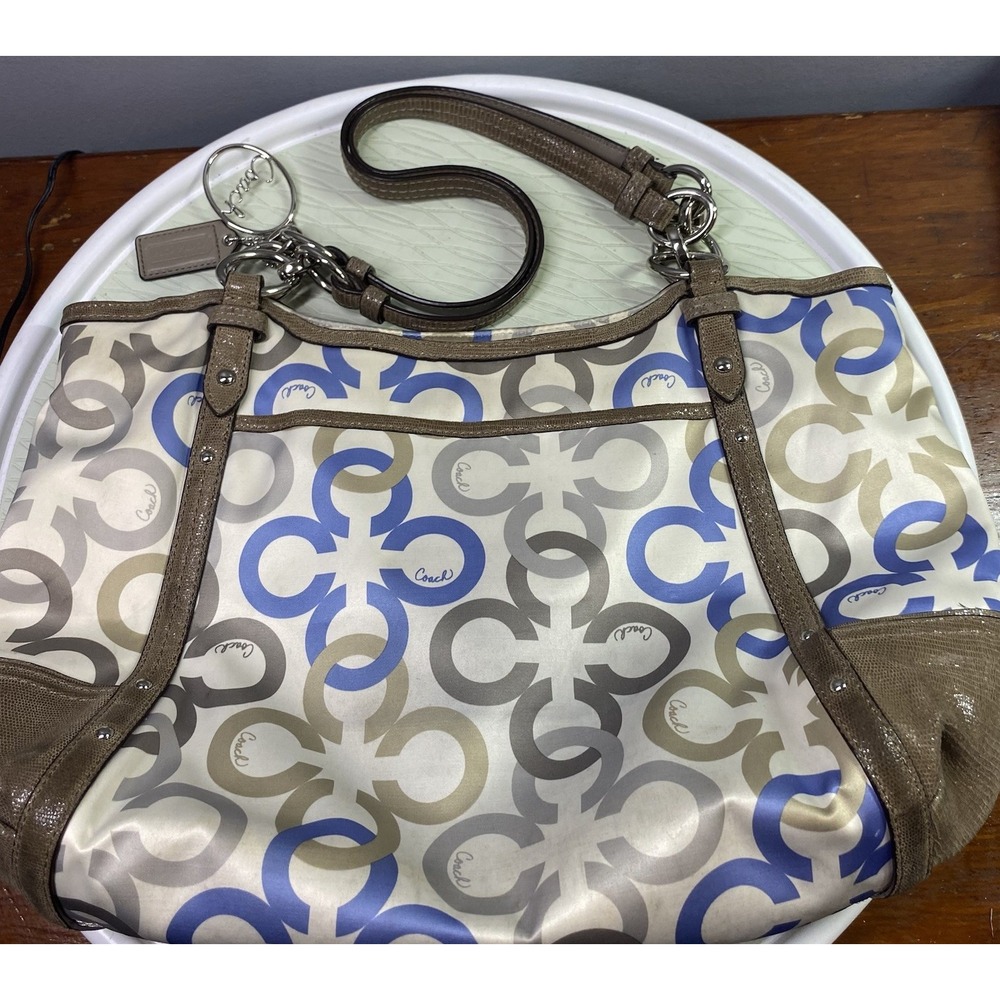 COACH ALEXANDRA CHAIN LINK CLOVER SIGNATURE C SHOULDER BAG- Tan&blue Needs Clean - Picture 7 of 16